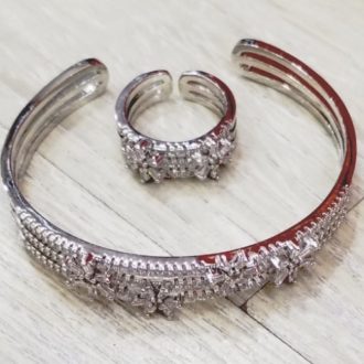 Splendid Silver CZ Stone Bangle With Ring Set