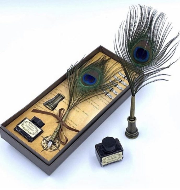 Peacock Feather Writing Ink Pen