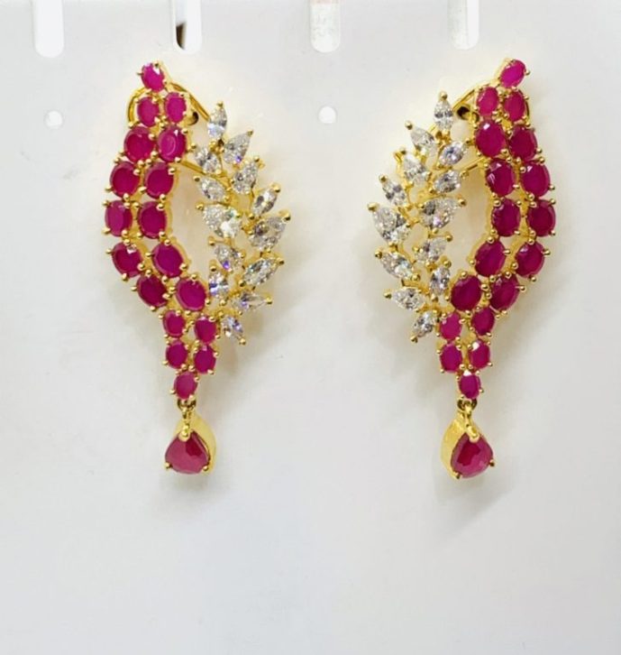 Classic American Diamonds CZ Stones Studded with Semi Precious Ruby Earrings