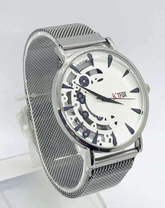 KTFOX Silver with Black Magnetic Mesh Belt Water Resistance Watch