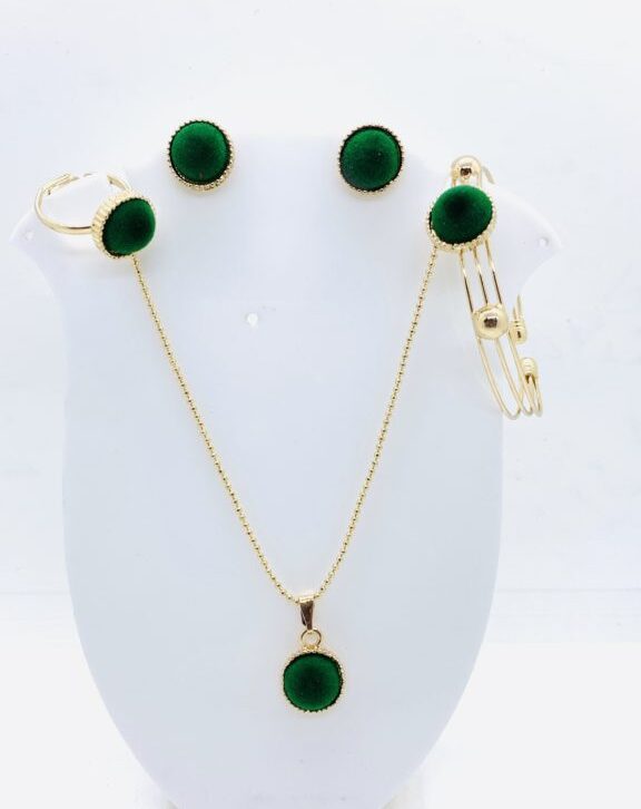 Green Velvet Necklace Earring Bracelet and Ring Set