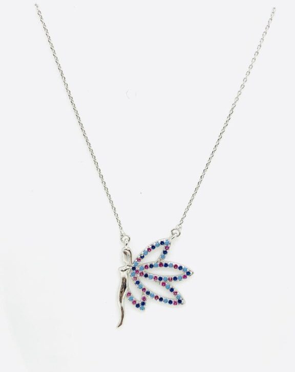 Silver Butterfly Girl Wrapped in Multi Stones Short Necklace