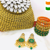 Indian Traditional Brass Bag with Meena Earrings and Tri-colour Indian Bangals