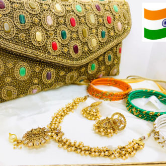 Indian Clutch Bag with a Set of 3 Indian Flag Colour Bangals and Indian Ethnic Necklace set