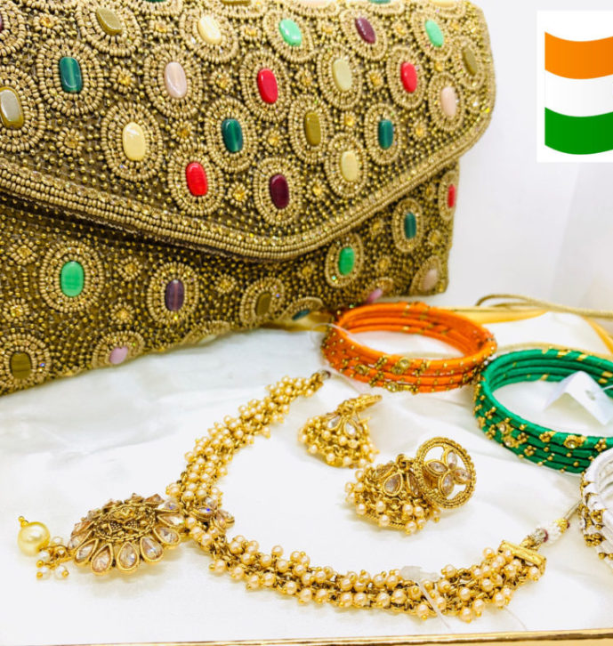 Indian Clutch Bag with a Set of 3 Indian Flag Colour Bangals and Indian Ethnic Necklace set
