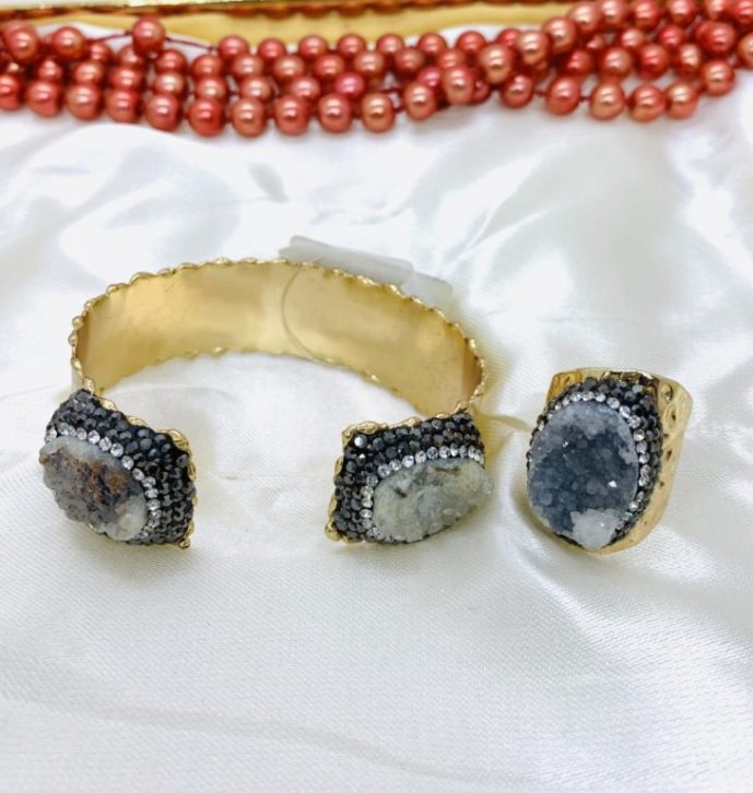 Traditional Golden Brass Agate Bracelet And ring Set