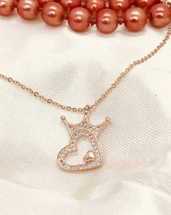 Rose Gold CZ Delicate Heart Crown Necklace